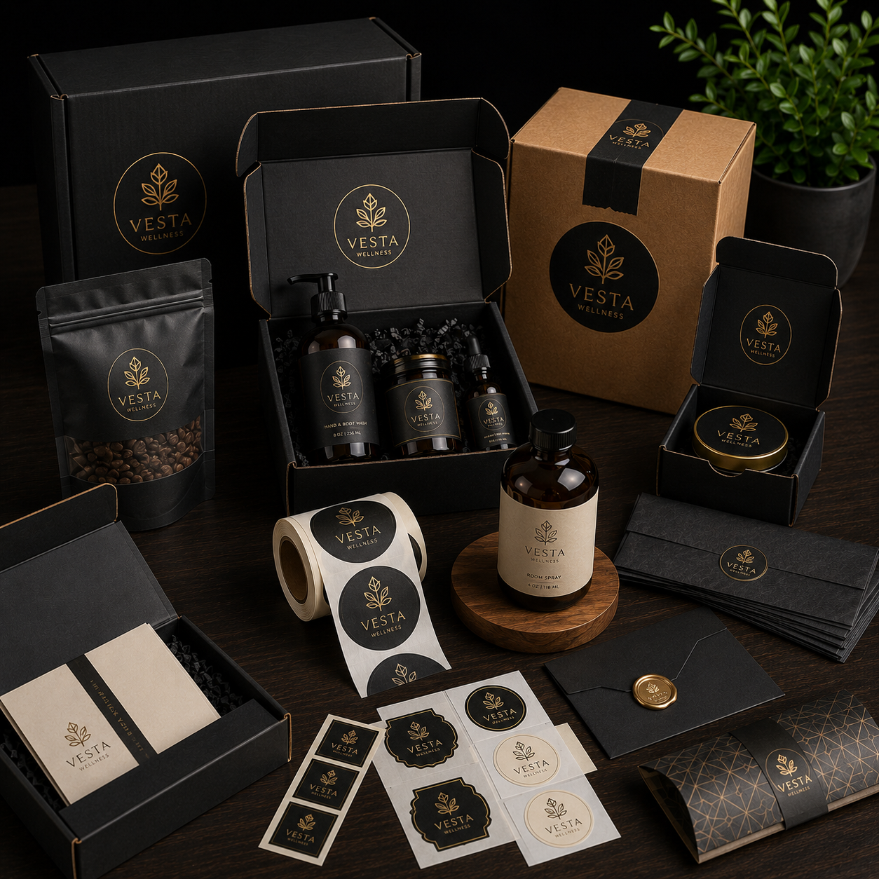Vesta brand products including bottles, boxes, and packaging on a dark surface.