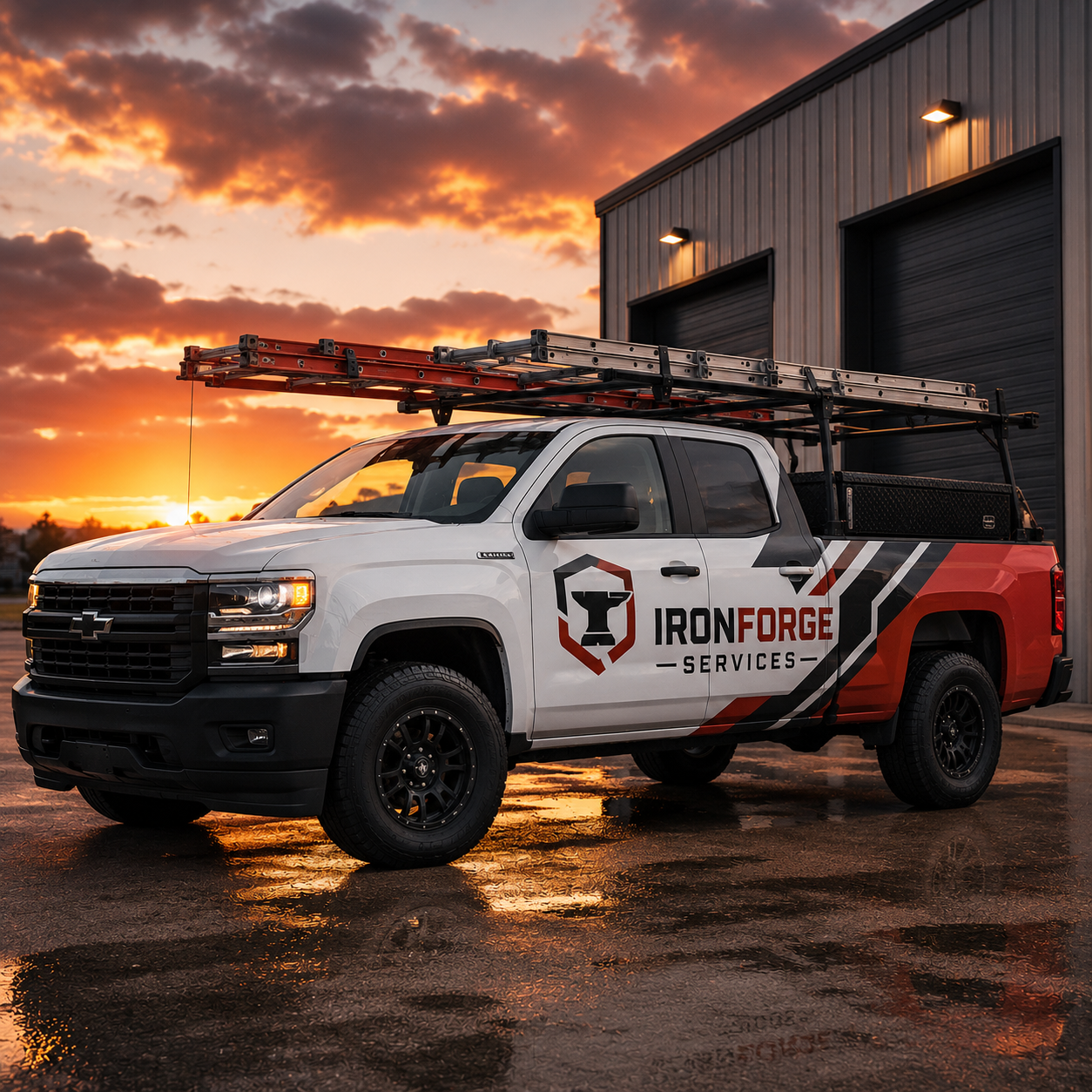 White truck with Ironforge Services logo parked in front of a building at sunset.