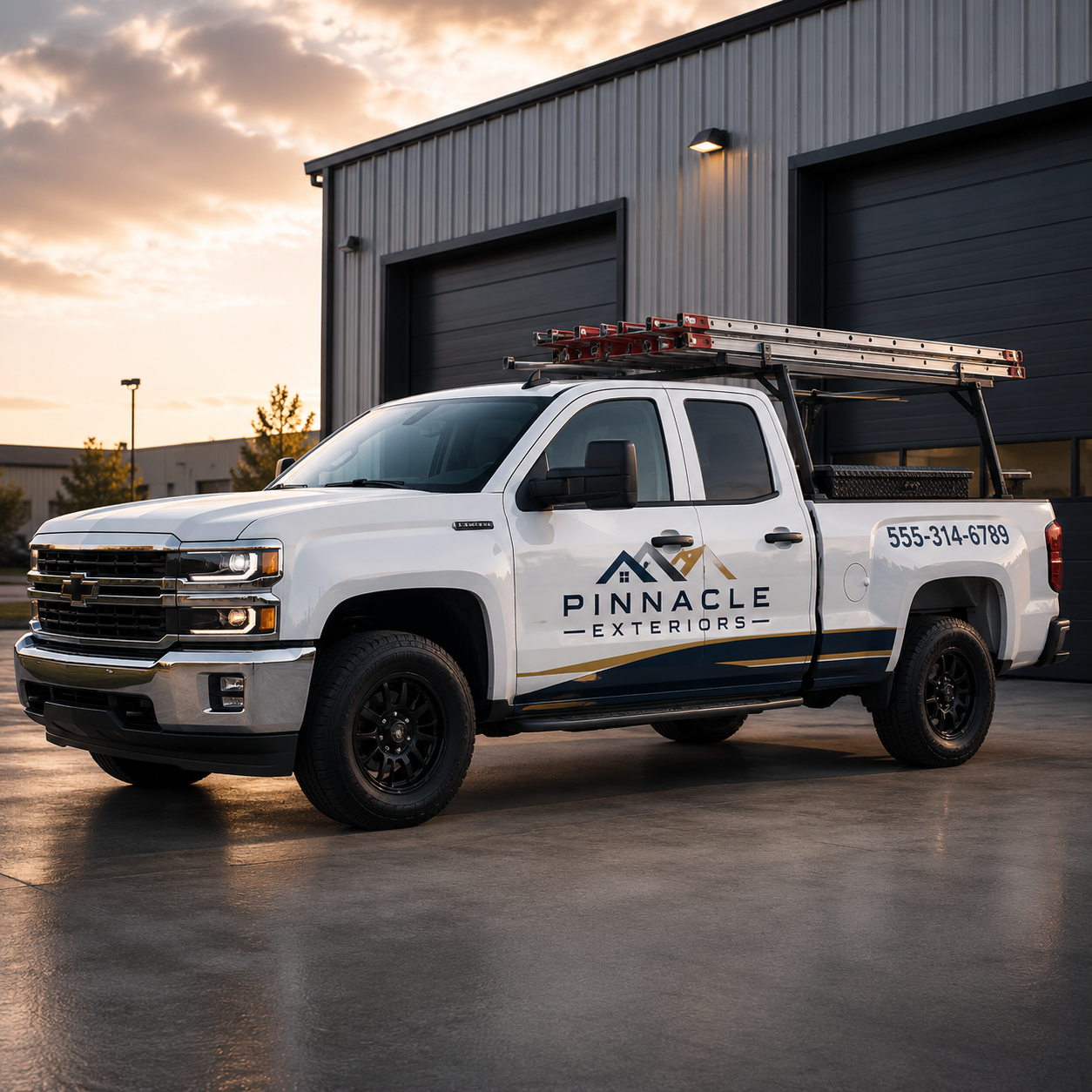 White truck with 'Pinnacle Exteriors' branding parked in front of a building.