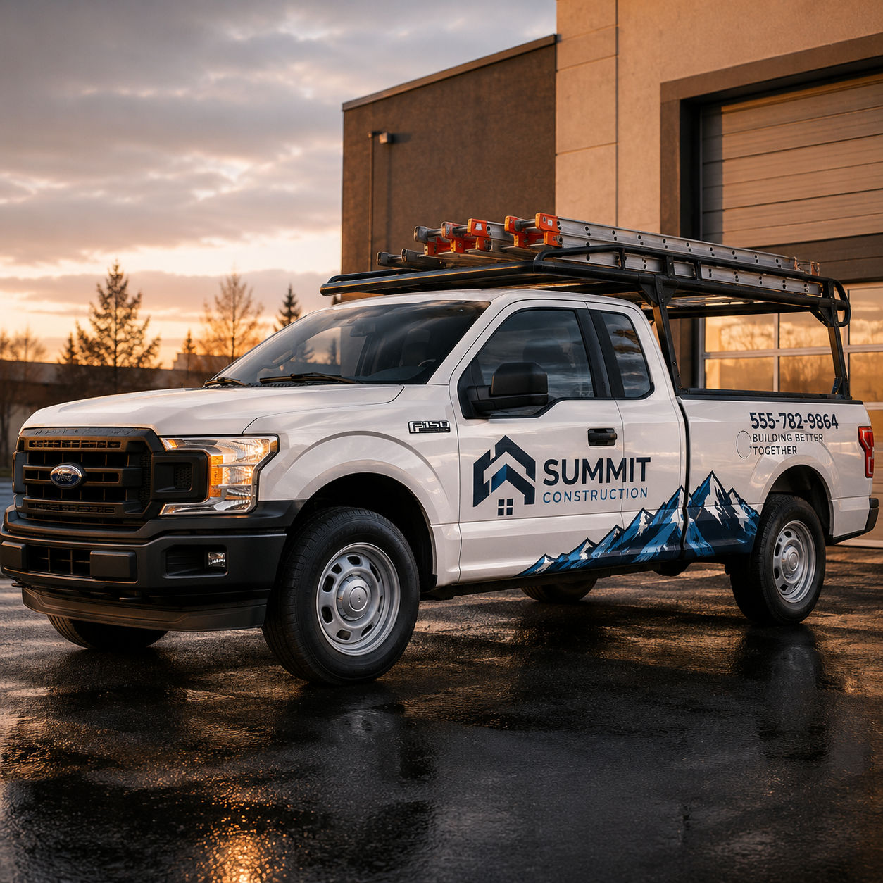 White truck with Summit Construction logo parked in front of a building.