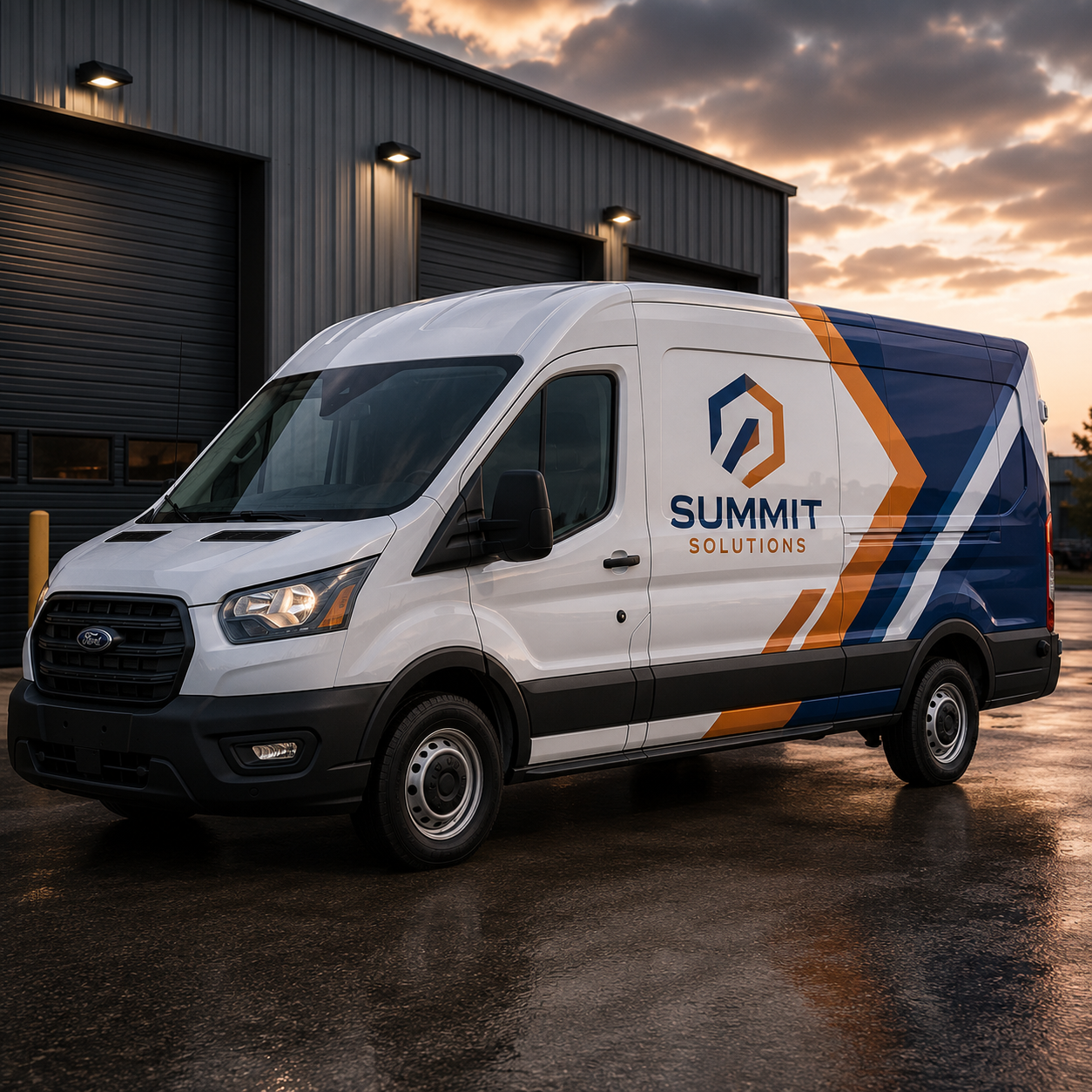 White van with Summit Solutions logo parked in front of a building with a sunset sky.