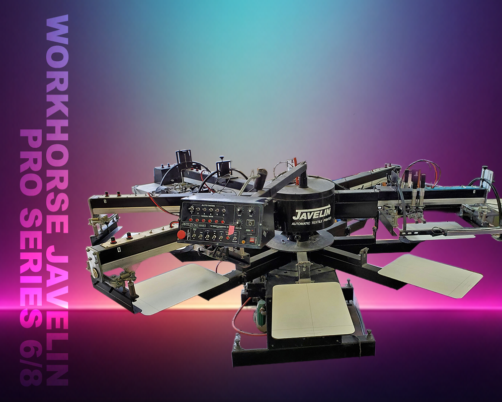 Screen printing machine with 'Javelin' branding on a gradient background