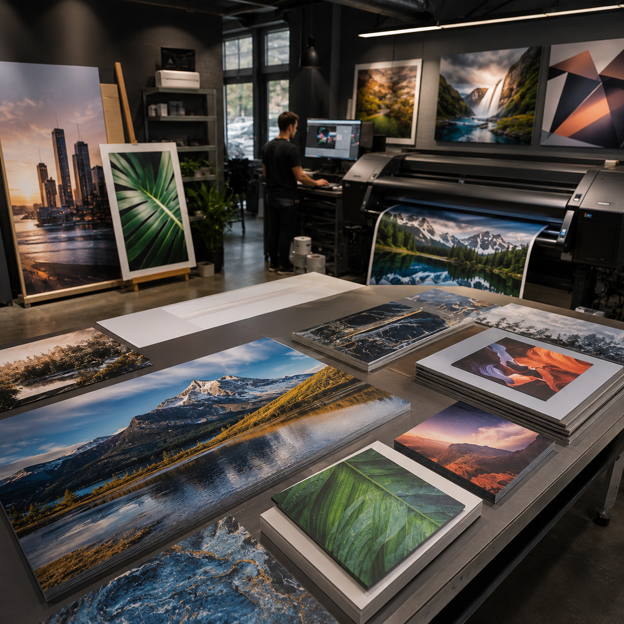 Workshop or studio with large prints of landscapes and nature scenes displayed on a table, with a person using a computer in the background.